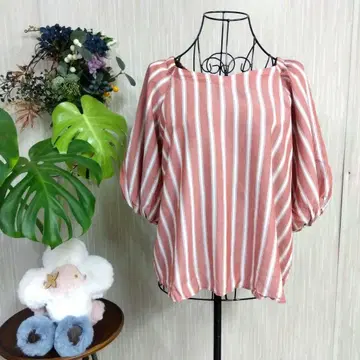 LOUNIE 루니 빨간색과 흰색 스트라이프 5부 소매 블라우스 40 L