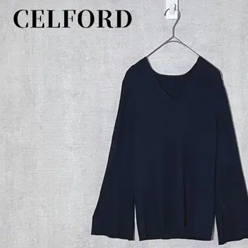 CELFORD 벨 슬리브 리브 니트 풀오버 긴팔 V넥 블랙