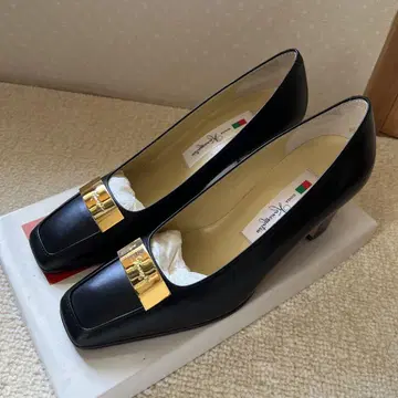 [ 양호 ] 긴자 카네마츠 펌프스 스퀘어 23.5cm 블랙 가죽