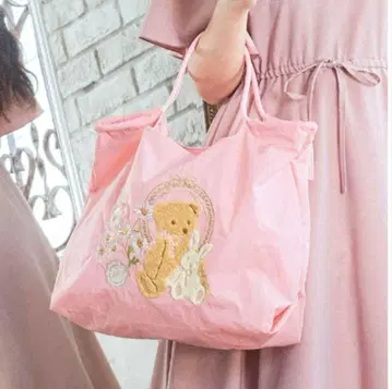 아오키 미사코 에코백 핑크 꽃과 곰 자수