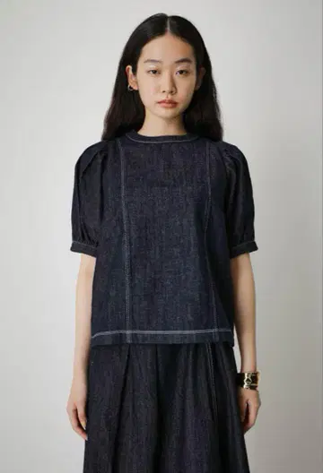 AZUL 데님 블라우스 인디고 퍼프 슬리브 페미닌 면 100%