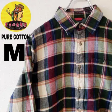 USA 구제 의류 PURE COTTON 플란넬 셔츠 M 크림색 레드 체크