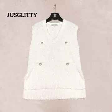JUSGLITTY 화이트 트위드 베스트 골드 버튼 V넥 화이트