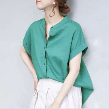 택 포함 새 상품 심플리시떼 린넨 레이온 밴드 칼라 셔츠 그린