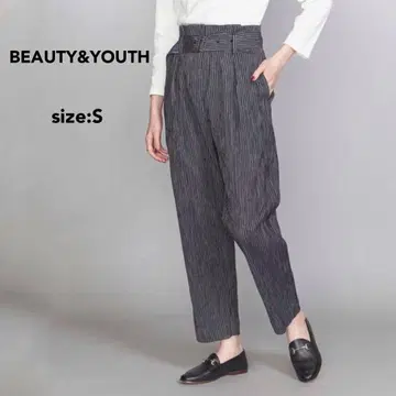 BEAUTY & YOUTH 스트라이프 턱 벨트 테이퍼드 팬츠 S