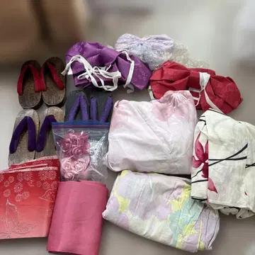 유카타 오비 세트 핑크 보라색 일본 나막신 포함