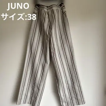 JUNO 모스그린 스트라이프 와이드 팬츠 허리 뒷밴딩