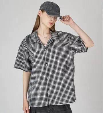 ONCILY 실버 버튼 레귤러 카라 셔츠 블랙 체크 셔츠