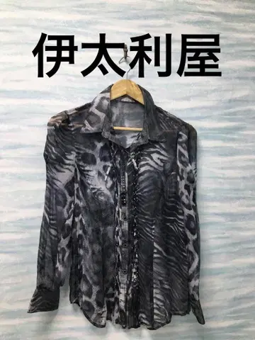 [이타리야] 긴팔 셔츠 그레이 레오파드 무늬 실크 사이즈 11