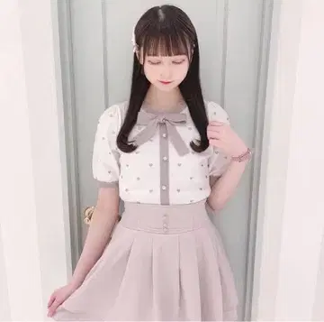 evelyn 하트 무늬 반팔 니트 리본 포함 양산형