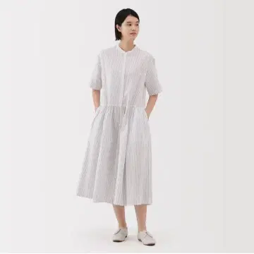 [무인양품] 여성 헴프 코튼 반팔 원피스 오프화이트 스트라이프