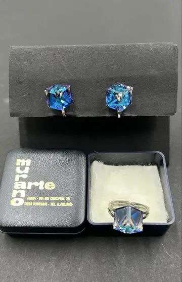 이탈리아제 Murano 블루 크리스탈 귀걸이 & 반지 2점 세트