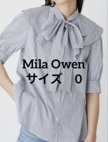 MilaOwen 스트라이프 리본 부착 프릴 칼라 셔츠
