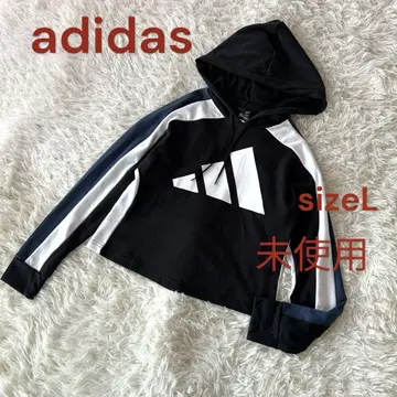 미사용 아디다스 로고 후드티 트레이닝복 후드 부착 숏 기장 L 블랙