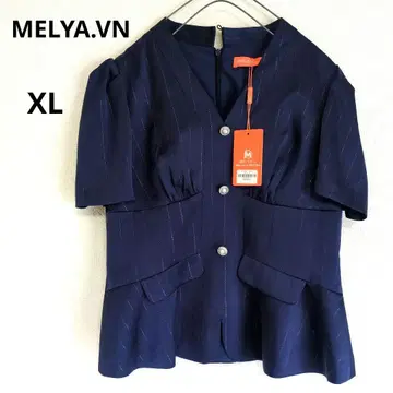 MELYA.VN 네이비 V넥 상의 레트로 y2K 쇼와 은색 버튼