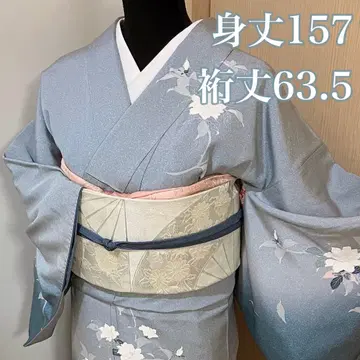 호몬기 쓰케사게 이중 기모노 순수 실크 톤 다운 블루 블루 그레이