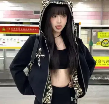 y2k 그런지 풀 집업 후드티 블랙 고양이 귀 헤이세이 갸루 펑크 고딕