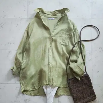 미라 오웬 마 100% 프렌치 린넨 긴팔 셔츠 겉옷 그린 넉넉한 핏