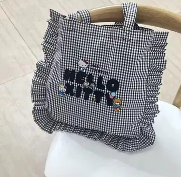 산리오 키티 토트백 깅엄 체크 화이트 블랙 대용량 숄더백
