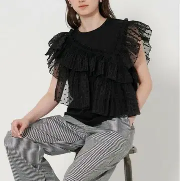 미사용 새상품 UNITED ARROWS 플리츠 프릴 콤비 티셔츠 BLK
