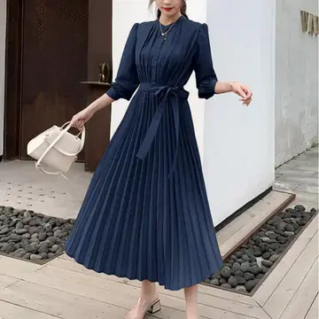 네이비 플리츠 7부 소매 롱 원피스