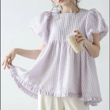 미사용 La-gemme 퐁퐁 소매 깅엄 체크 상의 반팔