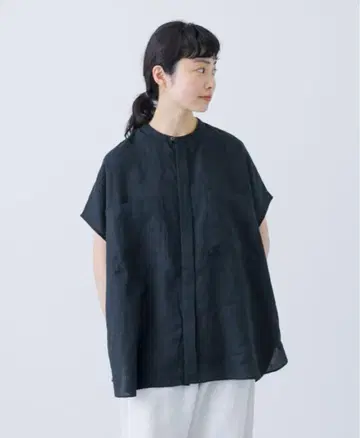카구레 린넨 W 포켓 프렌치 셔츠 BLACK