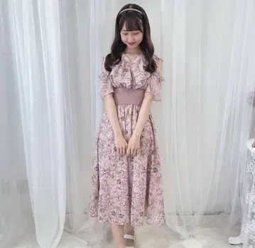꽃무늬 리브 OP 꽃무늬 리브 원피스 허리 리브 evelyn 에블린 핑크