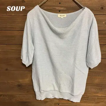 [ 수프 ] SOUP 라이트 블루 오프숄더 반팔 니트 라메 M