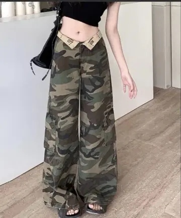 카모플라쥬 와이드 레그 카고 팬츠