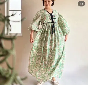 인도 면 블록 프린트 맥시 원피스 그린
