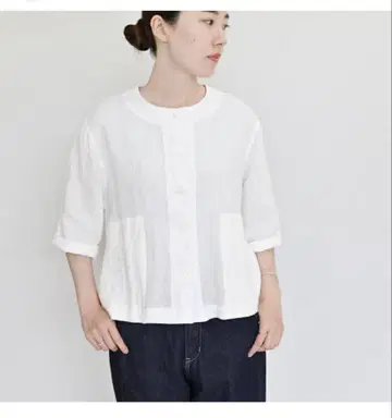 프렌치 린넨 노카라 와셔 자켓 7부 소매 화이트