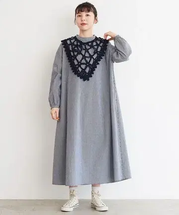 아틀리에 드 사봉 깅엄 체크 원피스 탈부착 카라 없음