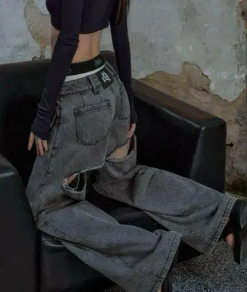 ANDWANG back cutout denim pants (gray)