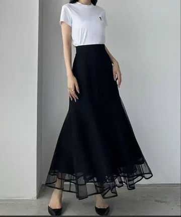 튤 플레어 롱 스커트 L 블랙