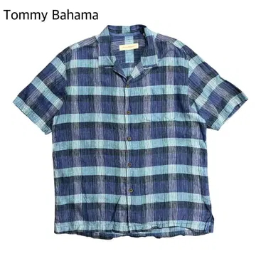 Tommy Bahama 오픈 카라 린넨 체크 셔츠 린넨 반팔 L