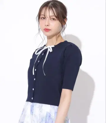 swingle 리본 니트 가디건 네이비