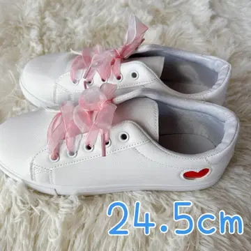 화이트 하트 스니커즈 원포인트 레이스 슈레이스 핑크 24.5cm