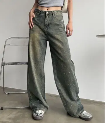 SHAGGIE 오로라 큐빅 빈티지 루즈 데님 팬츠 블루