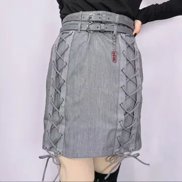 NieR DOUBLE BELT GRAY BRAID SKIRT [ 로고 참