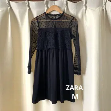 ZARA 여성용 긴팔 무릎 기장 원피스 블랙 도트 무늬 M