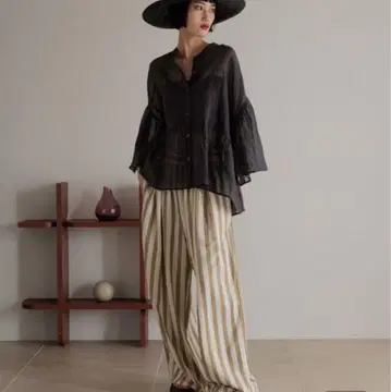 홉색 이지 팬츠 스트라이프 와이드 팬츠 허리밴딩