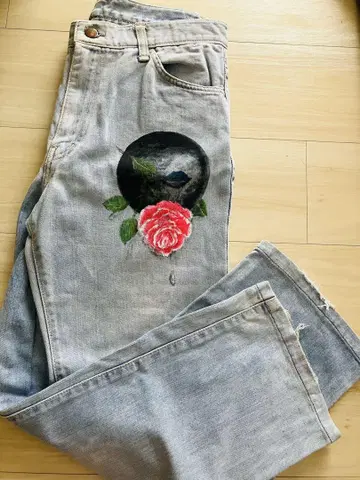 페인트 데님 팬츠 장미