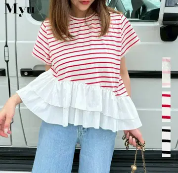 Myu 이번 시즌 신상 비대칭 보더 프릴 티셔츠 레드