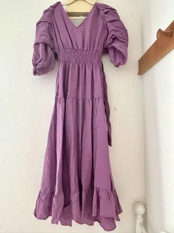 snidel 스나이델 퍼플 V넥 퍼프 슬리브 롱 원피스