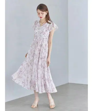 토코 클로젯 넥 리본 수채화 라인 플라워 원피스 꽃무늬 핑크