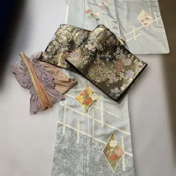 순수 실크 쓰케사게 호몬기 길상 사계화 후쿠로 오비 4점 세트