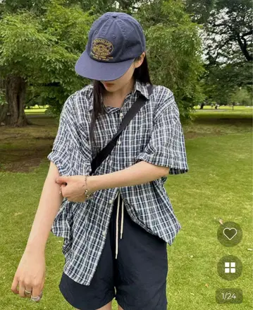 nugu 체크 셔츠 상의 반팔 시티 걸 스트릿 캐주얼