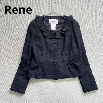컨디션 최상 Rene 르네 노카라 트위드 자켓 프릴 네이비 36