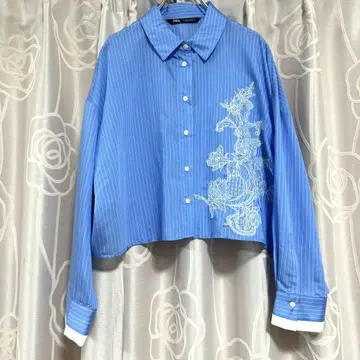 ZARA 자라 스트라이프 자수 크롭 셔츠 [L]